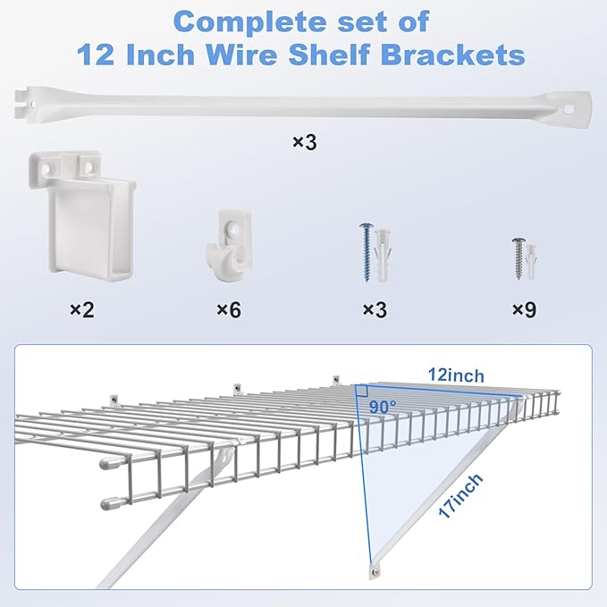 12 Inch Wire Shelf Brackets Set, 3 Pack Metal White Closet Support Bracket with End Brackets & Clips for Wire Shelving Wall Bracket Installation, Support Wire Closet Shelves Racks(3 Pack)
