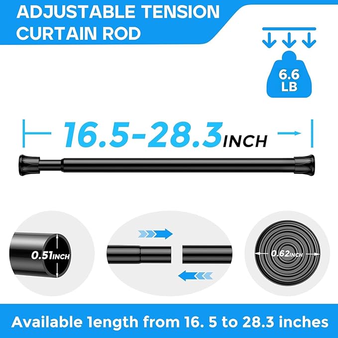 2 Pack Black Spring Tension Curtain Rods 18-28 Inches, Spring Loaded Curtain Rods No Drilling, Adjustable Small Tension Rod for Windows, Kitchen, Doorway, Bathroom, Closet