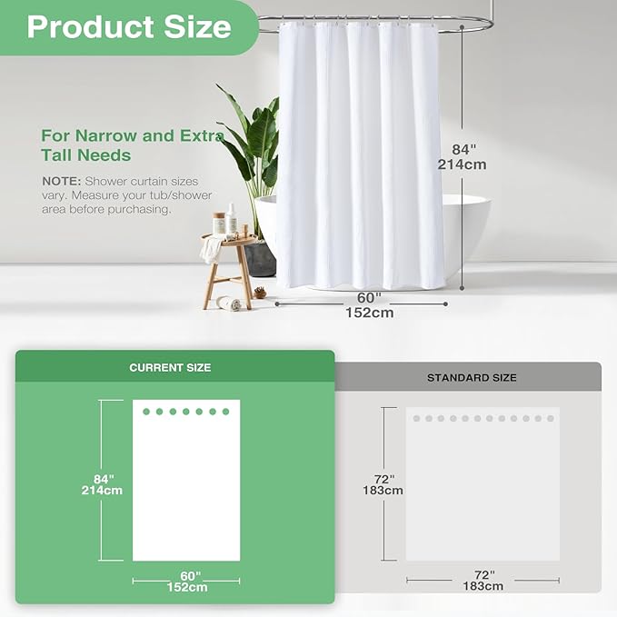 Dynamene Stall Fabric Shower Curtain - 60 x 84 inch Long Waffle Weave Weighted Thick Cloth Shower Curtain for Bathroom, Neutral Heavy Duty Hotel Spa Luxury Shower Curtain Set with 10 Hook, White