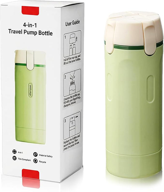 4 in 1 Travel Dispenser Bottles Shampoo Refillable Leak Proof TSA Compliant Size Containers Toiletries Toiletry with Pump Design Portable Organizer Conditioner Lotion Cream Vacation (Green)