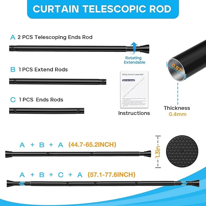 2 Pack Black Shower Curtain Rod 45 to 77 Inch,Shower Rods for Bathroom,Spring Tension Curtain Rod No Drilling for Windows Doors Closet Kitchen Wardrobe