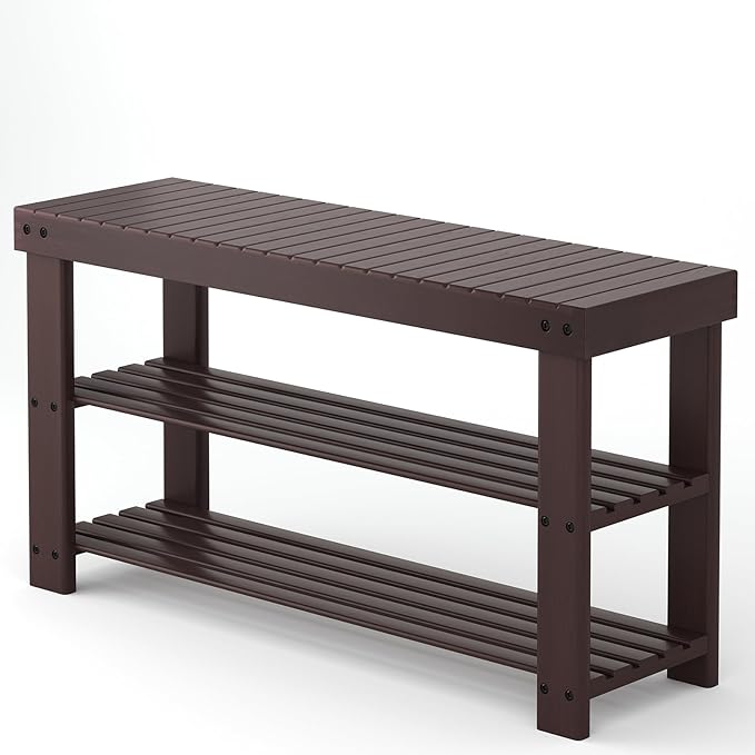 Sweetcrispy Shoe Rack Bench, 3-Tier Bamboo Entryway Storage Organizer, 286lb Capacity, Shoes Stand for FrontDoor Entrance, Bedroom, Living Room, Bathroom, Balcony, 35 Inches Length, Brown