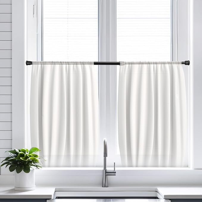 4 Pack Tension Curtain Rod 15.7-28 Inch, Small Short Adjustable Extendable Spring Loaded Rods for Windows Cabinet Blinds Closet Bedroom Kitchen Bathroom Door No Drilling, Black