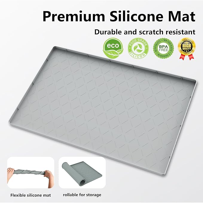 Mateeylife Under Sink Mats for Kitchen Waterproof 34"X22", Undersink Protectors，Silicone Mat Cabinet Liner, Under Sink Organizer for Bathroom and Kitchen，Boot Tray Pet Food Mat, Light Grey
