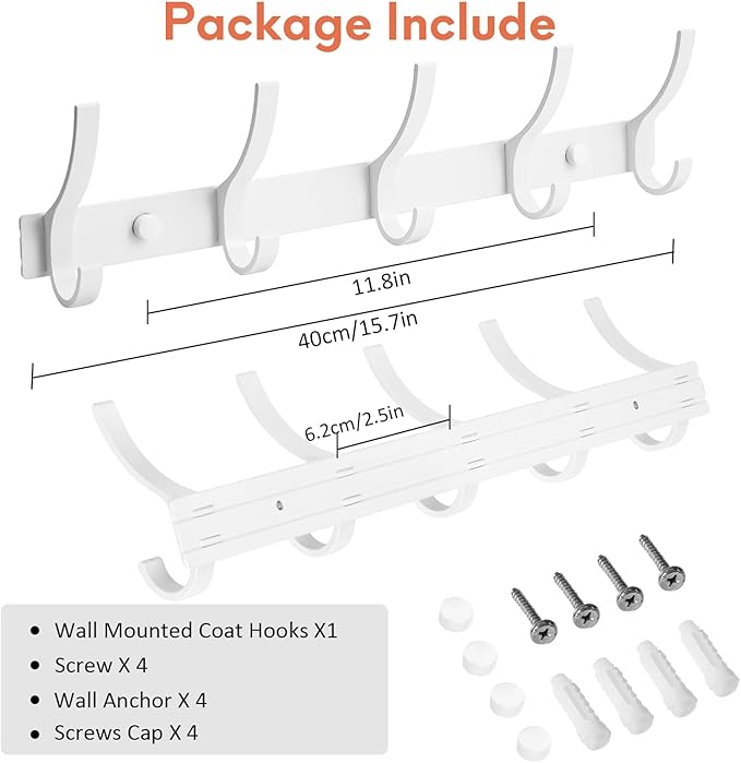 Optish Coat Rack Wall Mount, Coat Hook Wall Mount, Wall Hooks for Hanging, Hat Rack for Walls, Coats Hanger with 10 Hook, Towel Hooks for Bathrooms (2 Pack, White)