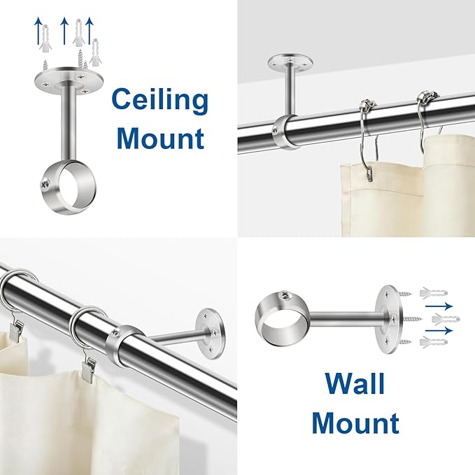 TOKPLNU Ceiling Curtain Rod Holder, 1 1/4Inch Heavy Duty Curtain Rods Bracket for Wall, Stainless Steel, Silver Ceiling Rod Hooks Hangers, Set of 4
