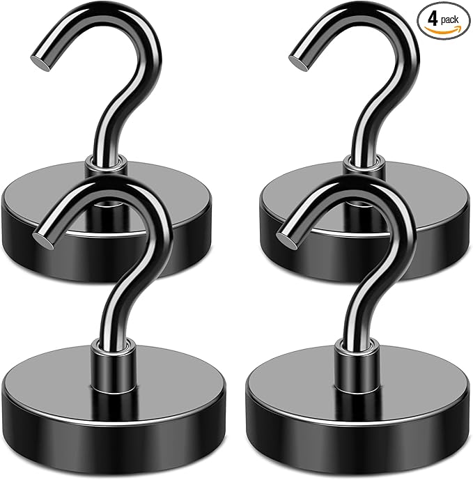 MIKEDE Black Magnetic Hooks 120Lbs Heavy Duty Earth Magnets with Hooks for Cruise Cabin Strong Magnet Hooks for Hanging Super Metal Magnetic Hanger for Grill Fridge Kitchen - Pack of 4