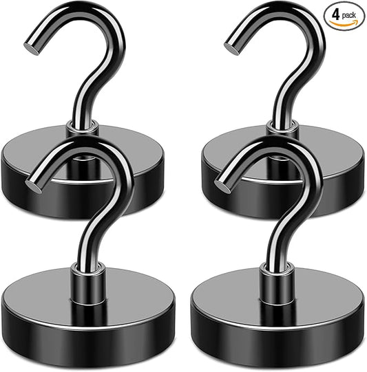 MIKEDE Black Magnetic Hooks 120Lbs Heavy Duty Earth Magnets with Hooks for Cruise Cabin Strong Magnet Hooks for Hanging Super Metal Magnetic Hanger for Grill Fridge Kitchen - Pack of 4