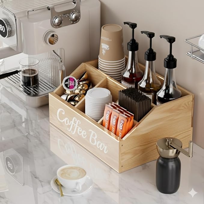 Coffee Station Organizer for Countertop – Wooden Coffee Bar Organizer with Adjustable Dividers,Holds K Cup Pod & syrup bottles, for Kitchen, Office, or Bar and Tea Station, Wood Color