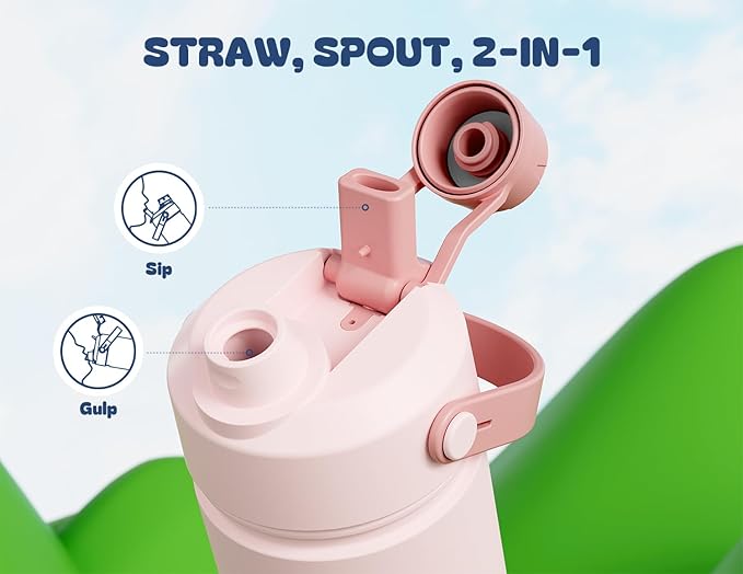 12 oz Kids Insulated Water Bottle for School: 2-in-1 Straw Spout Lid, Leakproof, BPA-Free, Keep Cold 24H, Insulated Stainless Steel Cup for Travel, Camping, Gift for Girls Daughters (Cotton Candy)