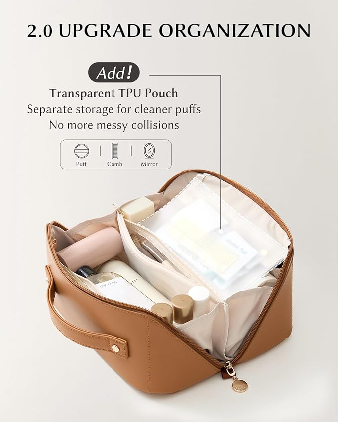 EACHY Travel Makeup Bag, Large Capacity Cosmetic Bag for Women, Waterproof PU Leather, Flat Open Portable Toiletry Bag for Skincare, Brushes & Travel Essentials