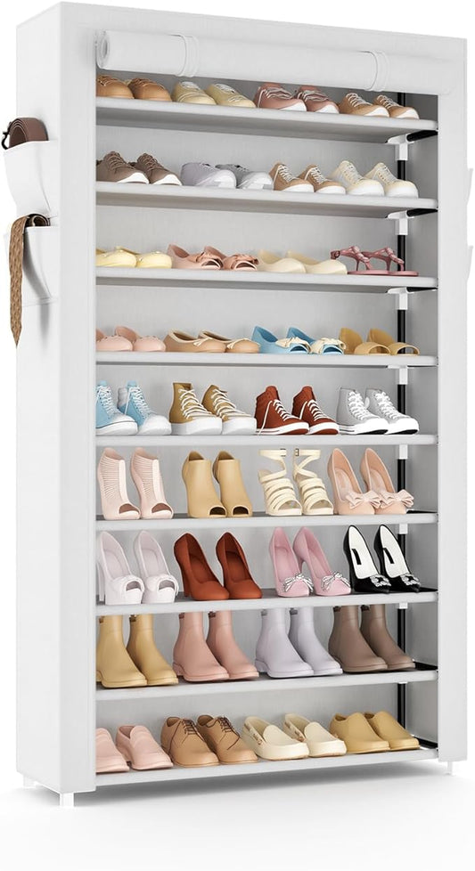 Shoe Rack with Cover Narrow Shoe Organizer with Pockets 10 Tier Tall Shoe Storage Holds 36-41 Pairs Shoes and Boots Shoe Rack for Closet Entryway Garage, White