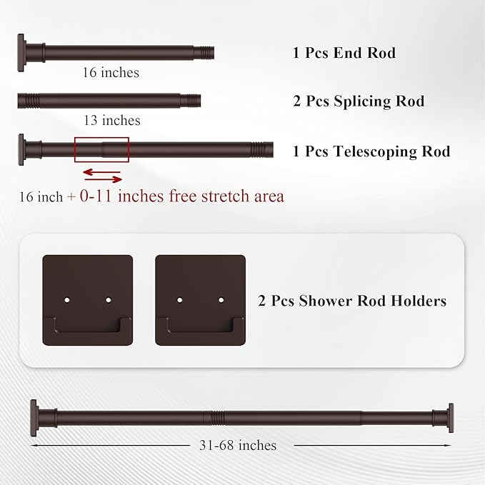 Brown Shower Curtain Rod 31-68 inches, Stainless Steel Shower Rod & Tension Rod, Adjustable Tension Shower Curtain Rod for Bathroom, Windows, Closet
