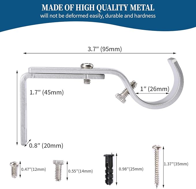 Heavy Duty Adjustable Curtain Rod Brackets Rod Holders for 1 Inch Rod, Silver Color, (Set of 4,Silver)