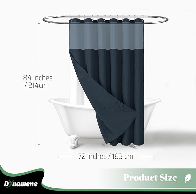 Dynamene Extra Long Shower Curtain, 84 Inch Long Waffle Fabric Shower Curtain for Bathroom, Tall Waterproof Cloth Shower Curtain Liner Set with Hook, Snap in Liner, Mesh Top Window, Navy Blue, 72x84