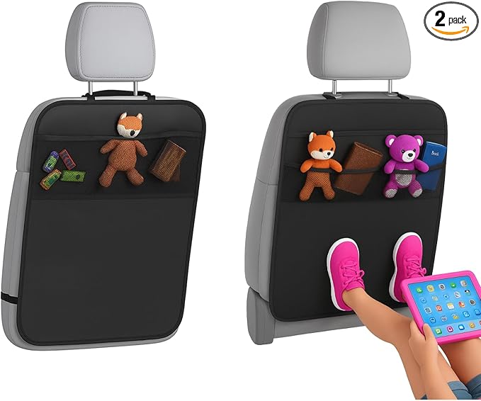 LILTOM Car Back Seat Protector with Organizer, 19"x27" XL Kick Mats, Waterproof, 3 Pockets, 2-Pack (Black - 3 Pocket)