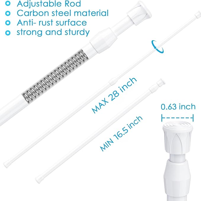 White Tension Curtain Rod 16.5-28 inch Spring Tension Rod Curtain Rod Adjustable Spring Rod Extendable Tension Rod for Kitchen, Bathroom, Window, Closet.