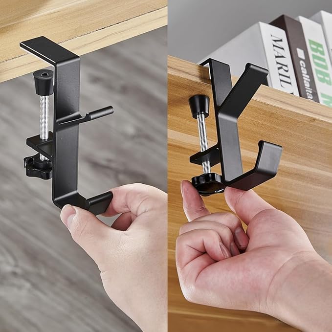 YUANQIAN Clamp-On Under Desk Headphone Holder Backpack Hook Students' Desk Hook with Adjustable Arm Clamp Women's Bag Handbag and Purse Holder -Suitable for Plate Between 1-5cm (3Pack Black, 3)