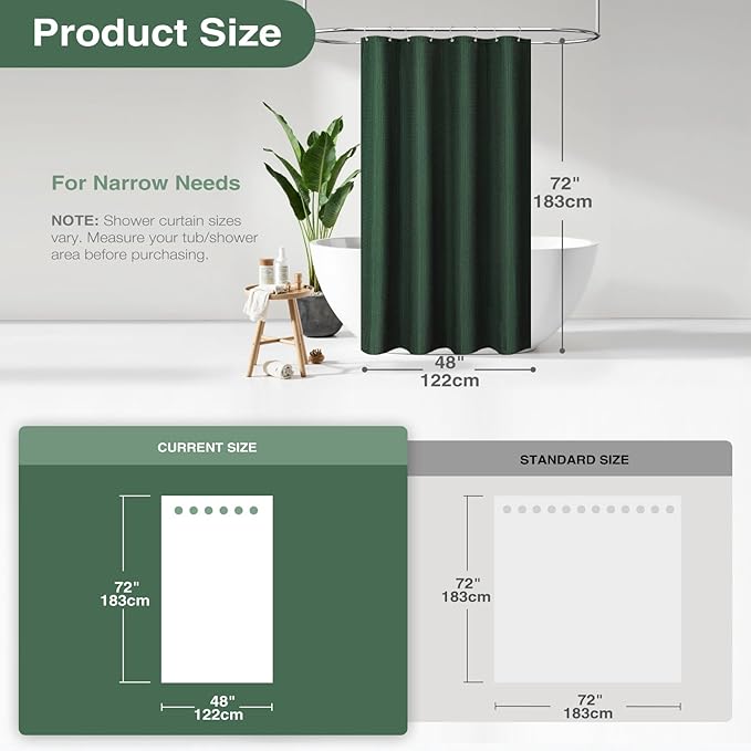 Dynamene Stall Fabric Shower Curtain - 48 inch Wide Waffle Weave Weighted Thick Cloth Shower Curtains for Bathroom, Neutral Heavy Duty Hotel Spa Luxury Bath Curtain Set with 8 Hook, 48x72, Dark Green