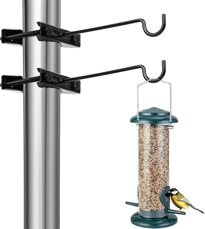 2 Pack Bird Feeder Hanger Hook, Metal Clamp-On Deck Hook for Railing Pole, Outdoor Hanging Bracket for Plant, Camping Lantern Rack, Windproof Tree Branch Hooks for Wild Bird House Holder