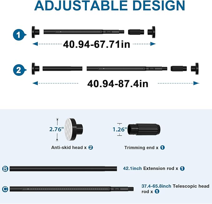 AIZESI 41-86 Inch Heavy Duty Black Tension Curtain Rod - No Drilling, Adjustable, Rust-Resistant for Outdoor, Living Room, Window, Bathroom