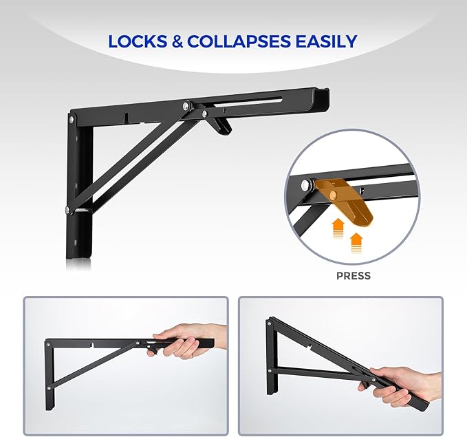 Ravinte 2 Pack 18 Inch Folding Shelf Brackets – Matte Black, Heavy Duty Collapsible Brackets for Tables and Benches – Space-Saving Design