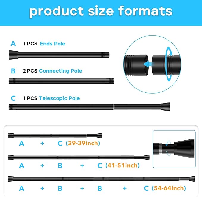 1Pack Black Tension Curtain Rod for Windows 29 to 64 inch, Never Rust adjustable curtain rod tension curtain rods no drilling，7/8 Inch spring loaded curtain rods for Doorway Closet Door