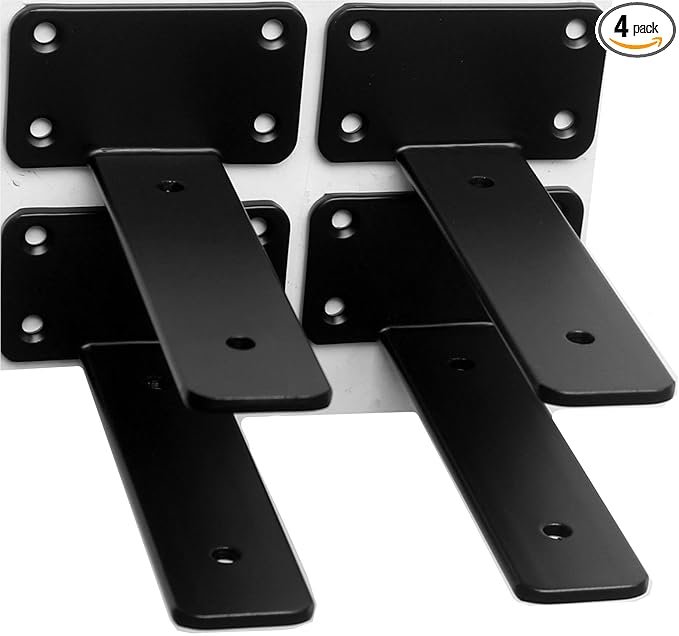 4 Pack - 4 inch Black Hidden L Shelf Bracket (1/5 Inch Thicked) Iron Floating Shelf Brackets Rustic Industrial Metal Brackets for Shelf Support