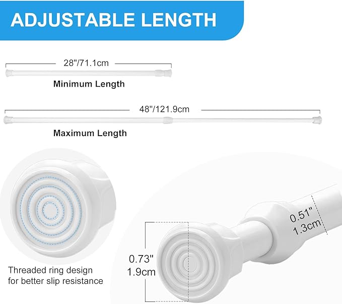 4 Pack Tension Curtain Rod 28-48 Inch, Small Short Adjustable Extendable Spring Loaded Rods for Windows Cabinet Blinds Closet Bedroom Kitchen Bathroom Door No Drilling White