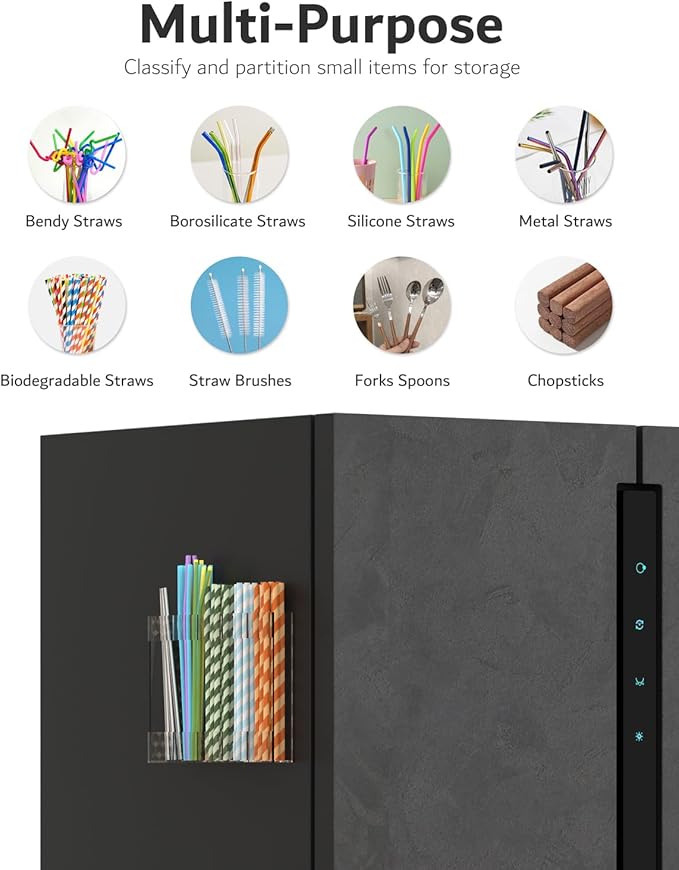 Magnetic Acrylic Straw Holder for Fridge - 5 Slot Sturdy Kitchen Organizer, Adhesive-Free Refrigerator Storage for Metal, Glass, Silicone Straws & Utensils (Clear-Magnetic Type-5C)