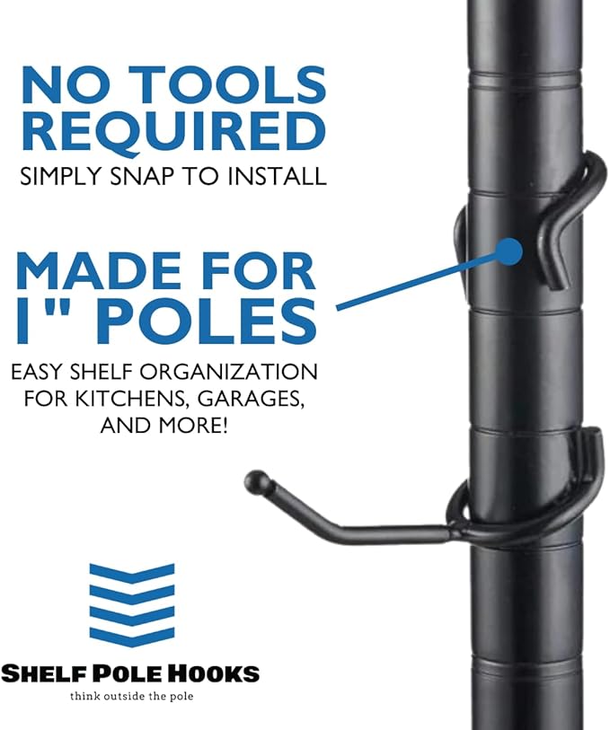Shelf Pole Hooks 5-Pack | 2" Black Snap-On Hooks for 1" Wire, Metal & Metro Shelving | Heavy-Duty Garage, Pantry, Basement & Utility Storage Hooks