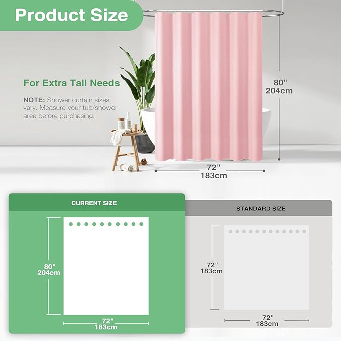 Dynamene Long Fabric Shower Curtain - Waffle Textured Tall Heavy Duty Cloth Shower Curtains for Bathroom, 256GSM Large Hotel Spa Luxury Bath Curtain Set with 12 Plastic Hooks(72Wx80H, Pink)