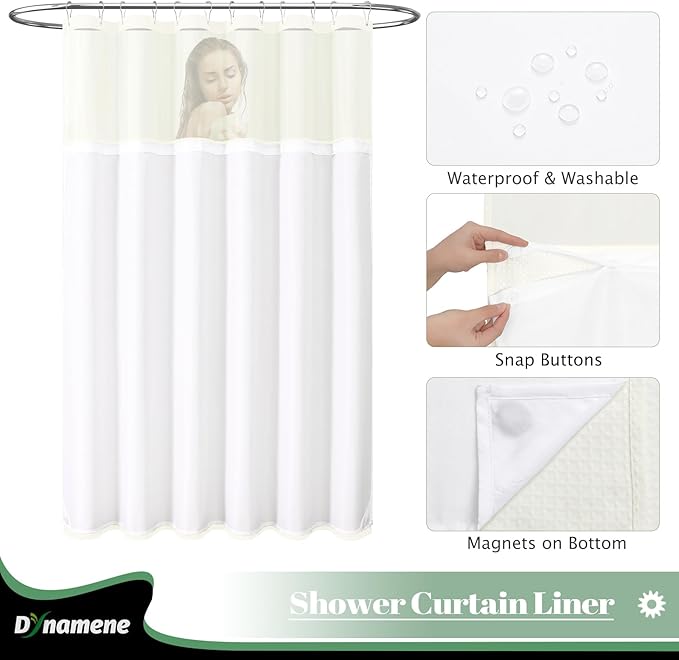Dynamene Fabric Shower Curtain with Snap in Liner, Cream Waffle Hotel Shower Curtains for Bathroom, Washable Waterproof Cloth Shower Curtain Liner Set with Plastic Hook, Mesh Top Window, 72x72, Cream