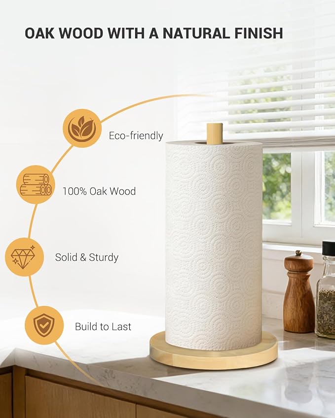NESAPTO Paper Towel Holder Countertop, Wooden Freestanding Paper Towel Stand for Modern Farmhouse & Cottagecore Decor, Kitchen Bathroom Essential, Natural Color