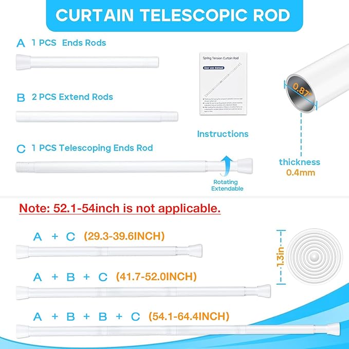 White Tension Curtain Rod 30 to 64 Inch,Adjustable Curtain Rod,Shower Tension Curtain Rod No Drilling,7/8" Spring Curtain Rods for Windows Closet Doorway Door