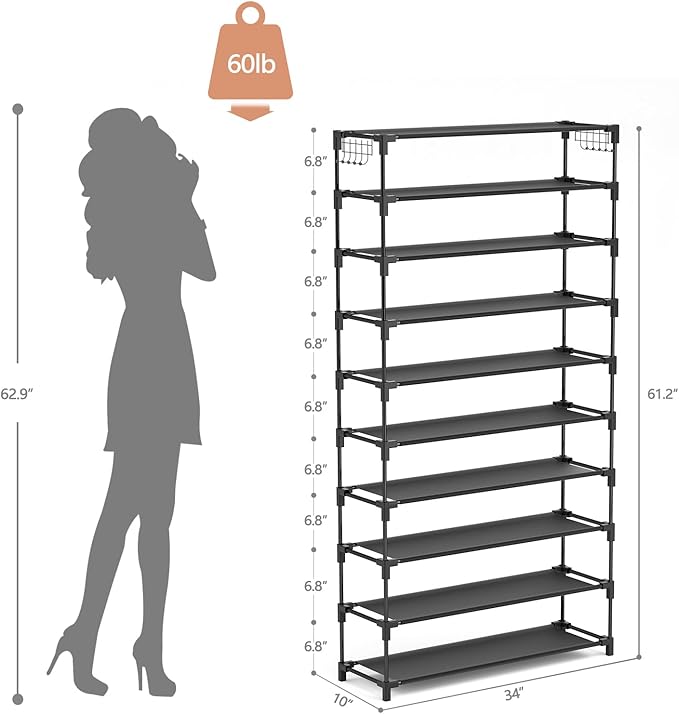 10 Tiers Shoe Rack Large Capacity Tall Shoe Organizer Sturdy Shoe Storage with Two Hooks Space Saving Metal Wide Shoe Rack for Closet, Entryway, Bedroom, Black