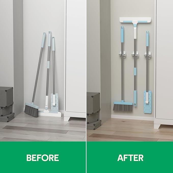 reliahom 3 Pack Broom Holder Wall Mount Mop Grippers No Drilling Self Adhesive Anti-Slip Mop Handle Hanger Dustpan and Broom Organizer Garage Storage Racks-White