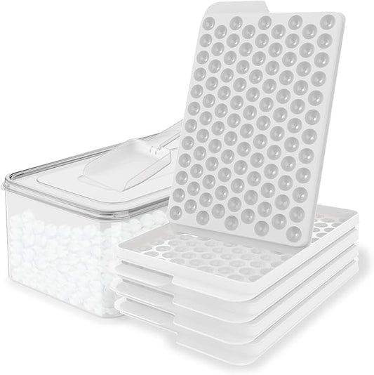 WIBIMEN Mini Ice Cube Trays, 0.55” Tiny Pebble Ice for Iced Coffee & Cocktails, Fast Chill, Easy Twist Release, Stackable with Lid & Storage Bin (4 Pack, White)