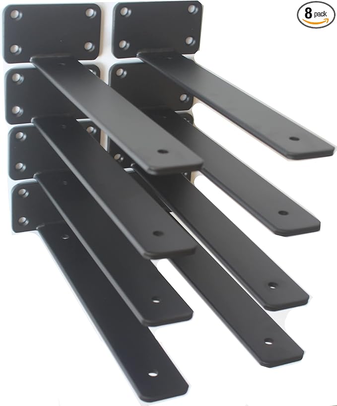 8 Pack - 10 inch Black Hidden L Shelf Bracket (1/5 Inch Thicked) Iron Floating Shelf Brackets Rustic Industrial Metal Brackets for Shelf Support