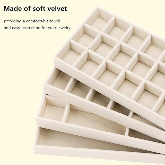 Velvet Jewelry Organizer for Drawer, Stackable Jewelry Drawer Inserts in Dresser, 8in Beige Storage Display Case for Rings Stud Necklaces Accessories, Set of 8