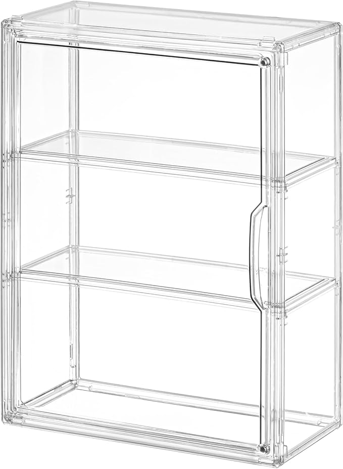 2 Pack 3 Tier Clear Display Case for Figures, Wall-Mounted Acrylic Storage Organizer Box, Stackable Display Cabinet with Magnetic Door & Removable Shelves, Showcase for Collectibles, Figures