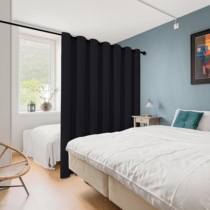 ChrisDowa Room Divider Curtain 84 Inches Long, Wide Blackout Sliding Door Curtain for Bedroom, Room Darkening Privacy Window Curtain for Patio Door (1 Panel Set, Black, 100 x 84 Inch)