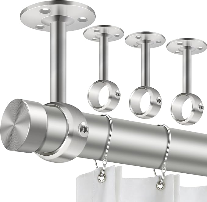 TOKPLNU Ceiling Curtain Rod Holder, 1 1/4Inch Heavy Duty Curtain Rods Bracket for Wall, Stainless Steel, Silver Ceiling Rod Hooks Hangers, Set of 4
