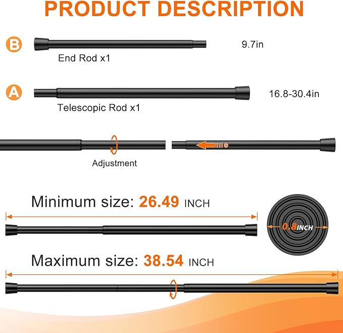 Tension Curtain Rod 26-39 Inch No Drilling Spring Loaded Curtain Rods Adjustable Extendable Tension Rods for Window Closet Bookshelf Kitchen Bathroom, Black