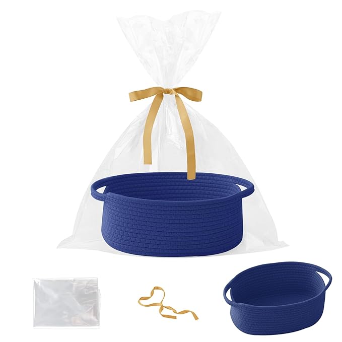 Small Woven Rope Basket-Empty Gifts Basket with Bag and Ribbons,Cute Handle Organizer Box for Birthday/Baby Shower, Toy Storage, Nursery Organizing & Shelf Decor(Royal Blue)