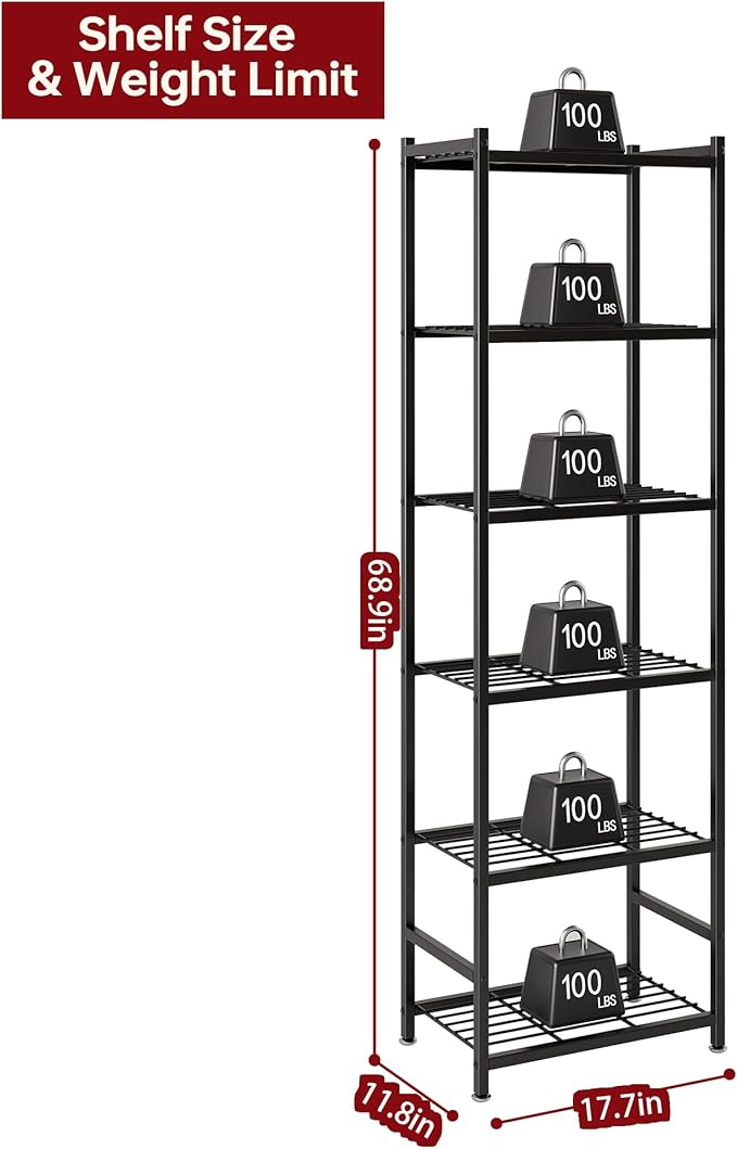 Small Storage Shelves, 6-Tier Metal Shelving Unit with Adjustable Feet, Compact Shelf Organizer for Garage, Kitchen, Pantry and Closet Organization, 17.7" x 11.8" x 68.9", Black