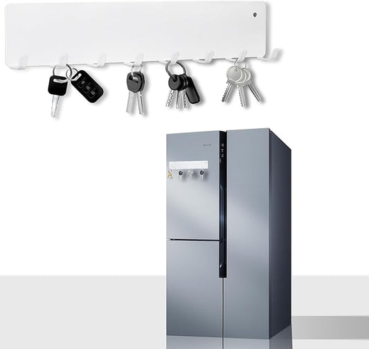 Magnetic Key Holder for Frideg,Heavy Duty Strong Magnetic Key Hanger with 8 Hooks for Refrigerator,Magnetic Kitchen Utensil Holder for Metal Surface in Entryway,Garage,Pantry (White)