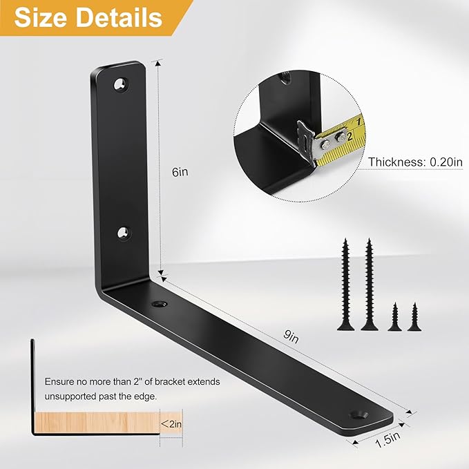 12 Pack - L 9" x H 6" x W1.5, 5mm Thick Black L Shelf Bracket, Iron Shelf Brackets, Metal Shelf Brackets, Floating Shelf, Shelf Supports with Screws