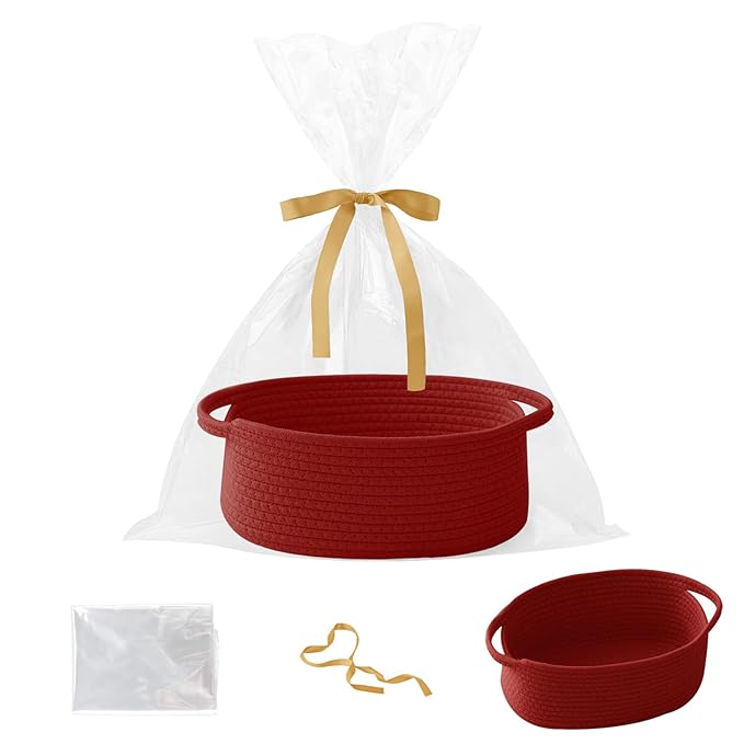 Small Woven Rope Basket-Empty Gifts Basket with Bag and Ribbons,Cute Handle Organizer Box for Birthday/Baby Shower, Toy Storage, Nursery Organizing & Shelf Decor(Red)