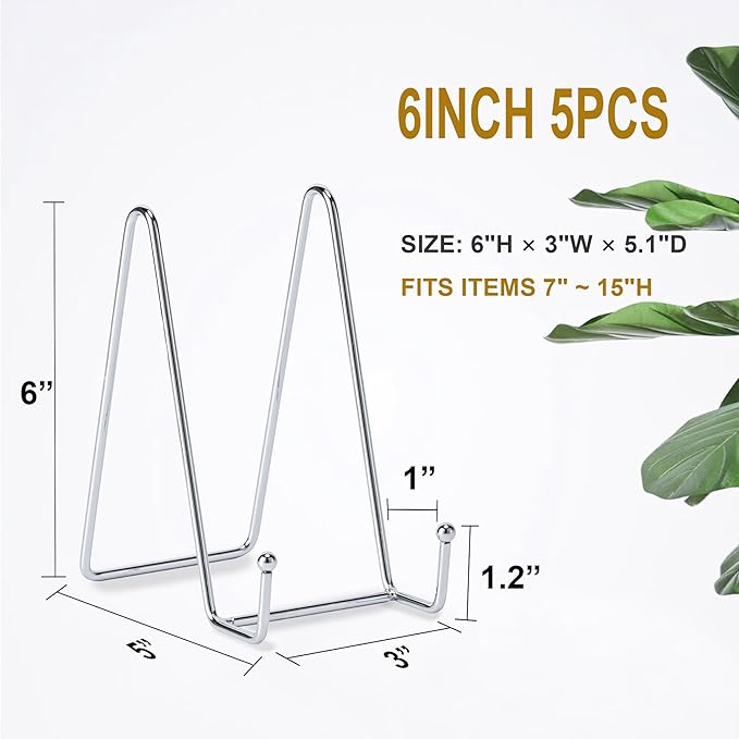 Hoewina Plate Stands for Display, Plate Holder Display Stands, Metal Frame holder stand for Book, Picture, Decorative Plate, Photo and Platter, Tabletop Art (6IN 5PCS-Silver)